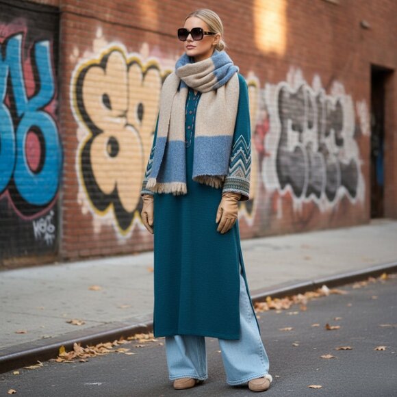 Beliza Teal Knit Ethnic Tunic Dress Metallic Thread, Boho Chic - Picture 3 of 13